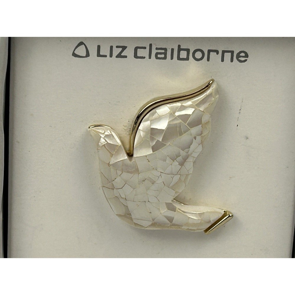 Liz Claiborne Dove Brooch Pin White Mosaic Gold Tone Peace Bird Gift